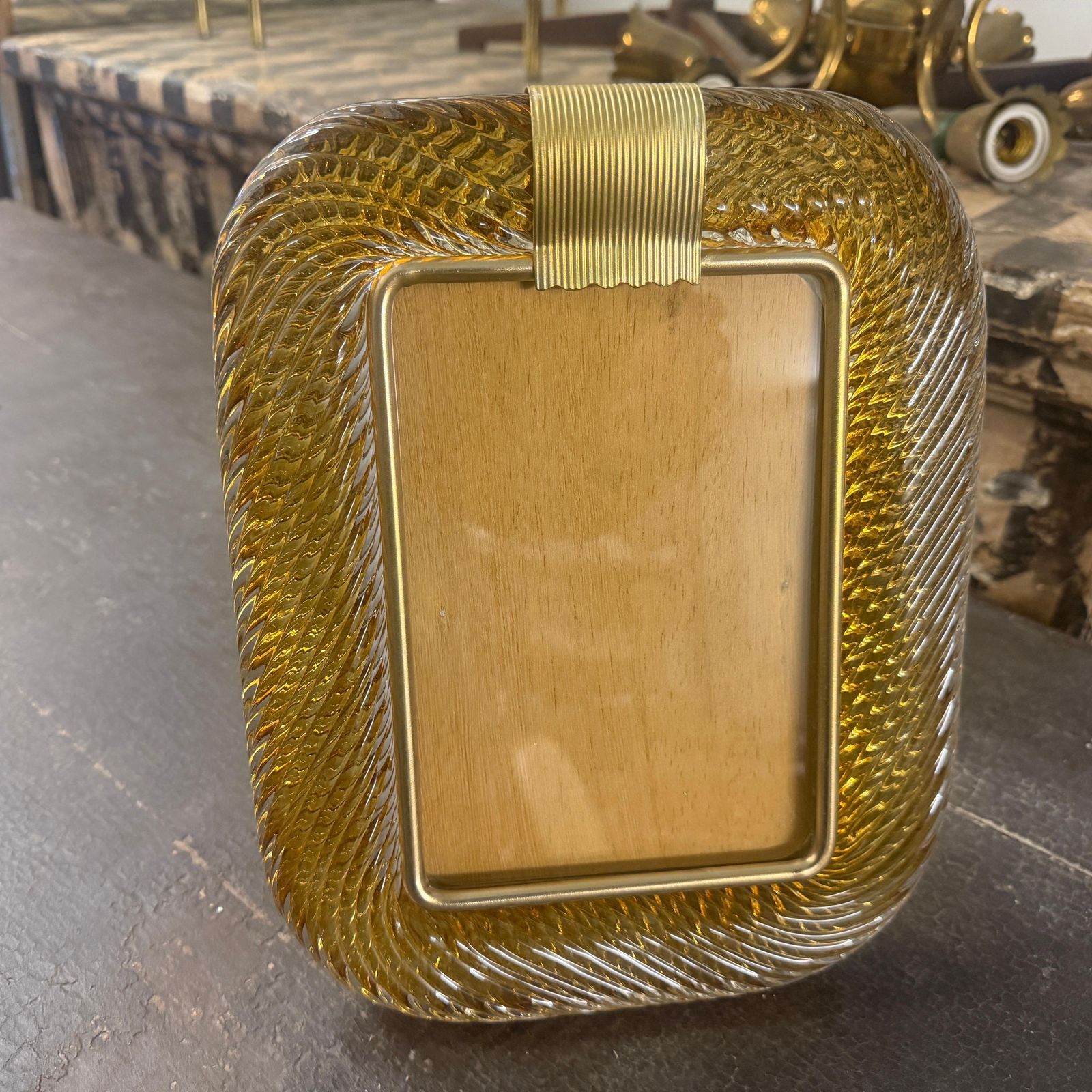 1990s Barovier Style Art Deco Amber Murano Glass And Brass Picture Frame photo for sale