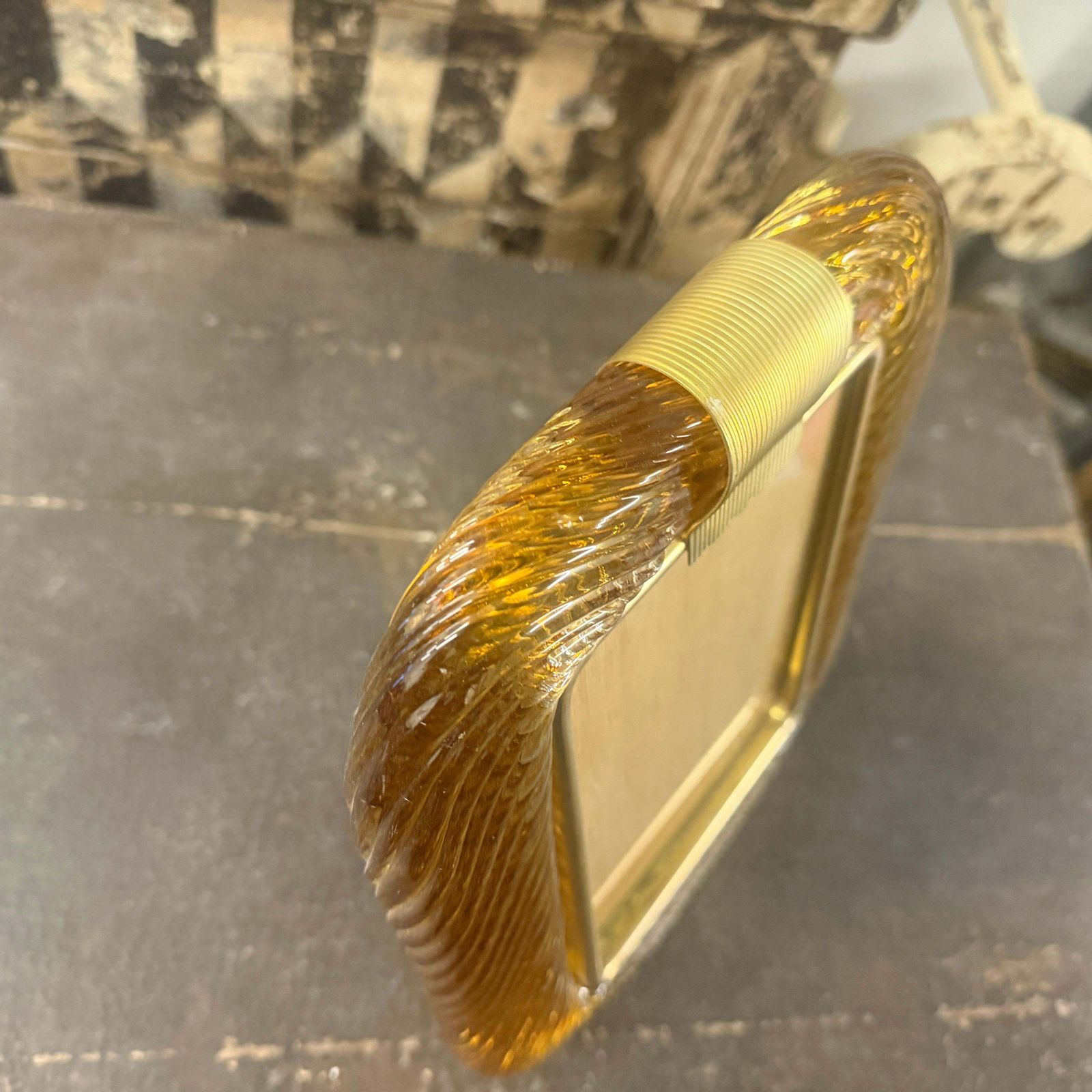 1990s Barovier Style Art Deco Amber Murano Glass And Brass Picture Frame photo vintage