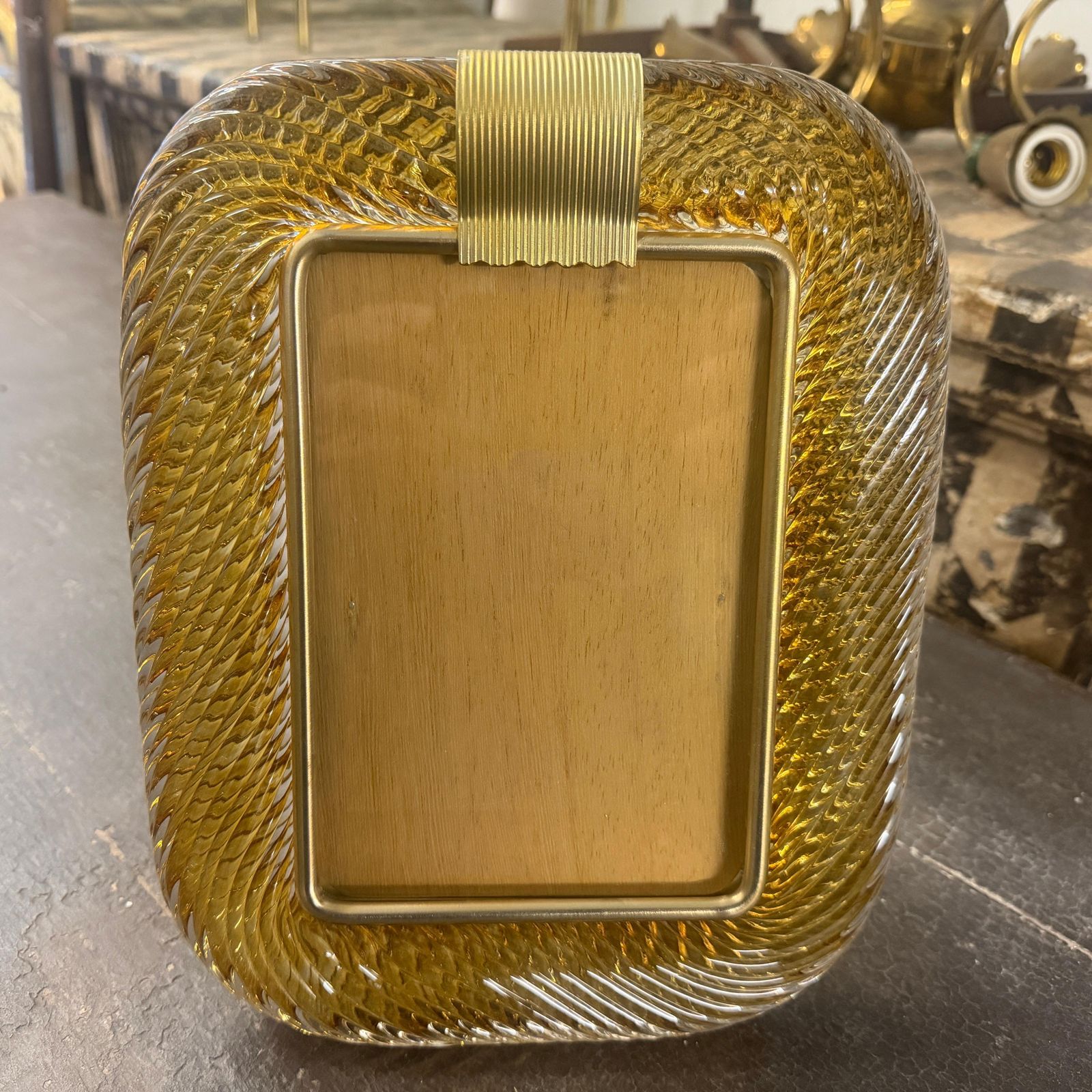 photo vinterior 1990s Barovier Style Art Deco Amber Murano Glass And Brass Picture Frame