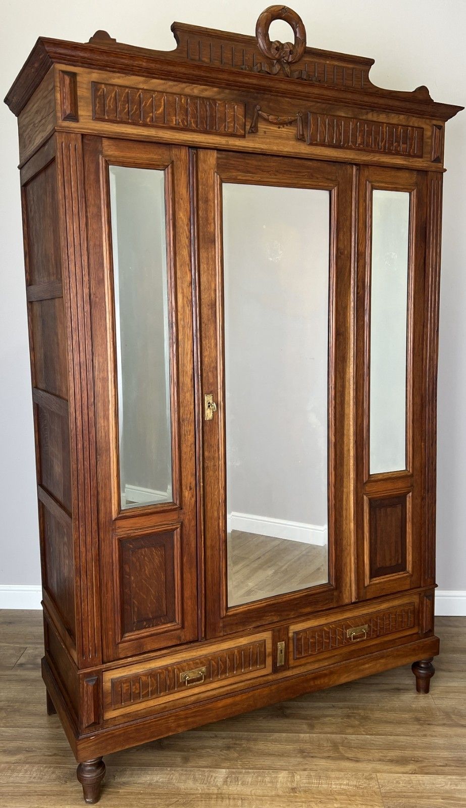 Wardrobe Antique French Two Door Oak Mirrored Carved Armoire Cabinet Lot 6082 photo Furniture