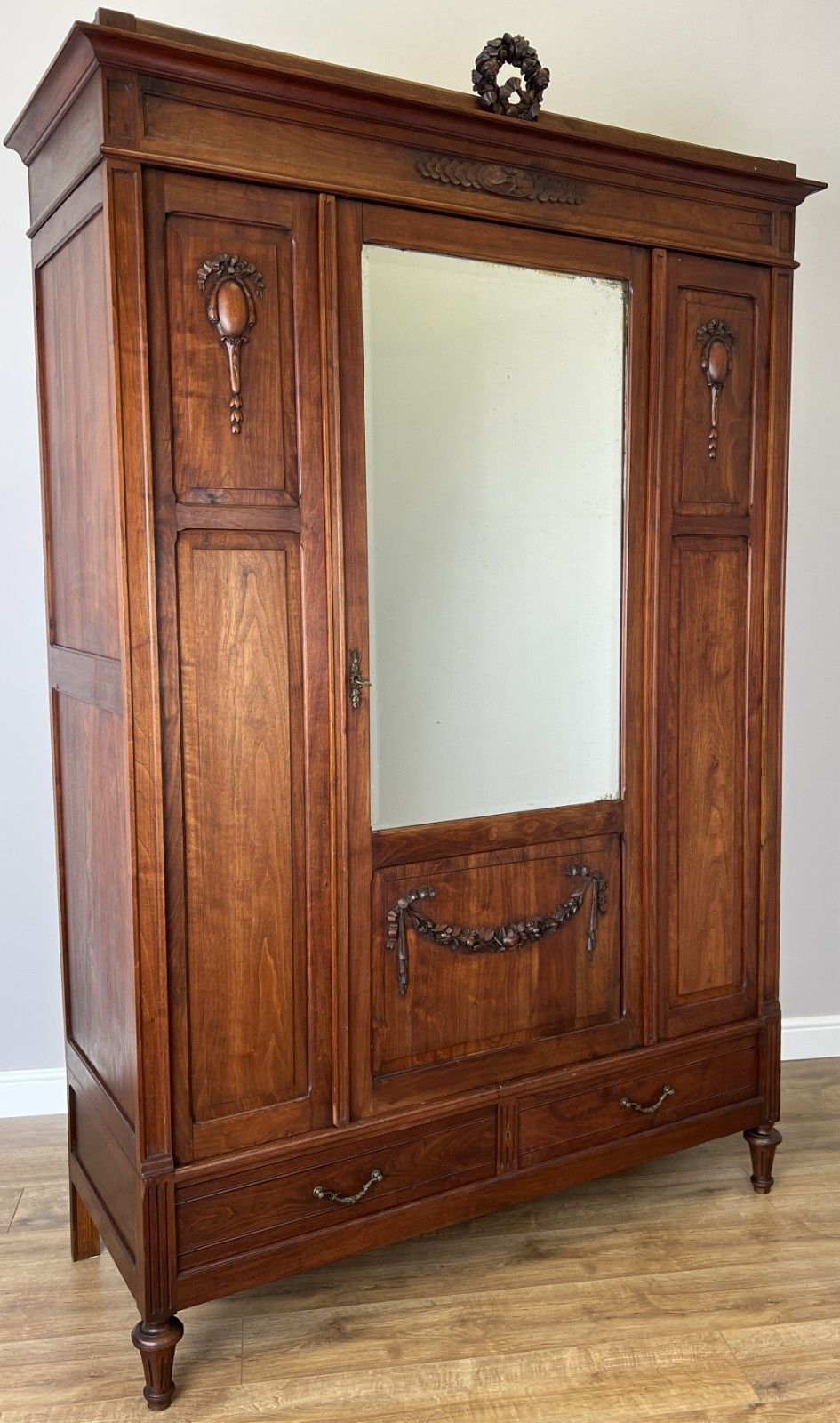 Wardrobe Antique French Walnut Two Door Mirrored Carved Armoire Cabinet Lot 6083 photo furniture