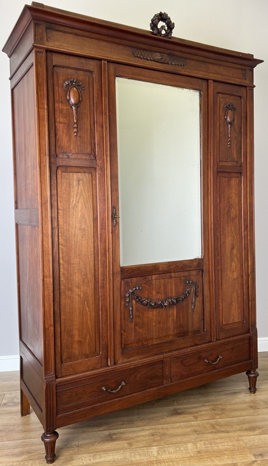 Wardrobe Antique French Walnut Two Door Mirrored Carved Armoire Cabinet Lot 6083 photo for sale