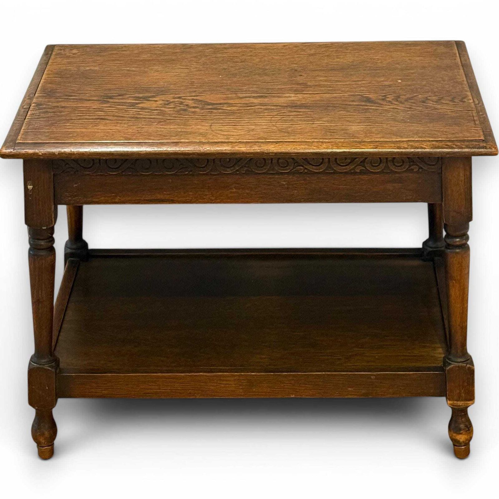 Victorian Oak Coffee Table With Carved Frieze & Lower Shelf photo vintage
