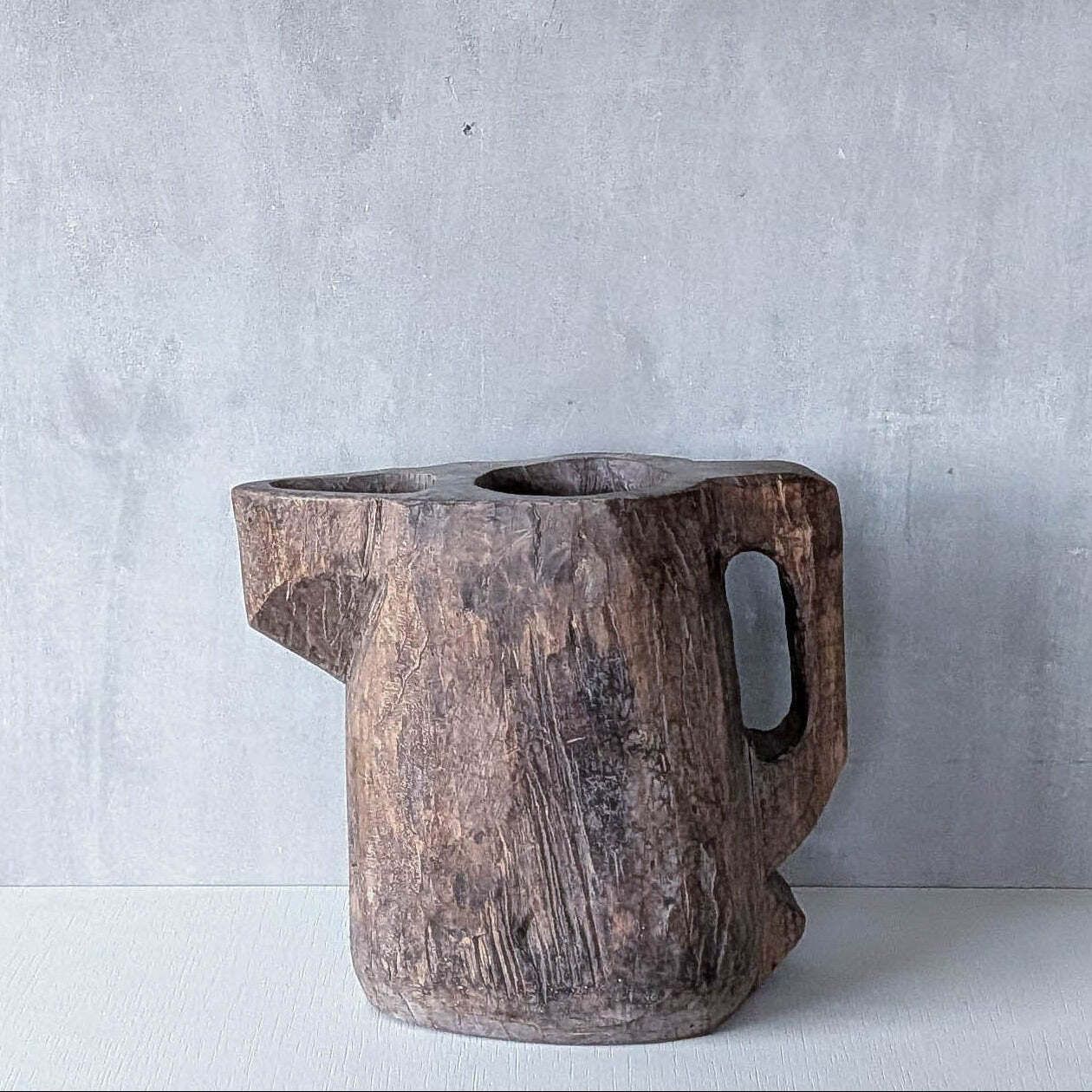 Folk Art Sculptural Heavy Hardwood Chainsaw Cut Carved Jug 1