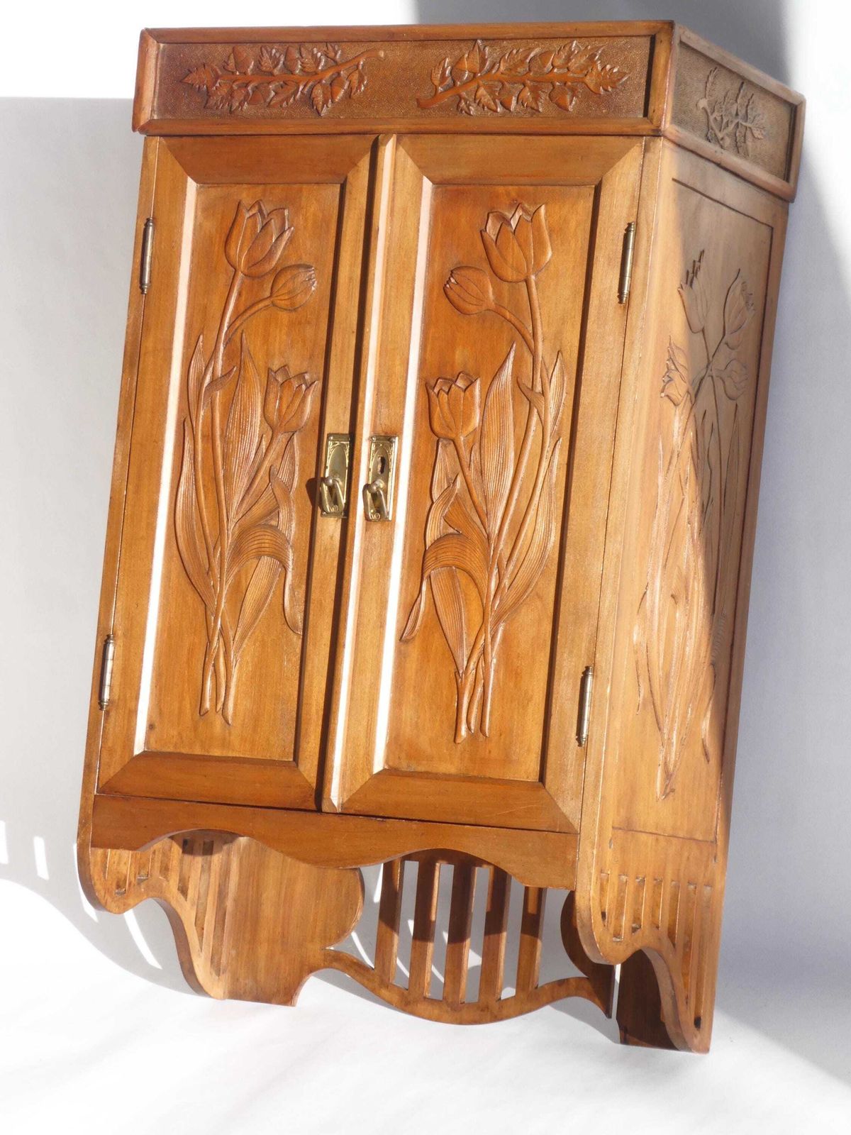 Antique Art Nouveau Carved Cabinet With Floral Details, Wooden Wall Chest, Medicine Cabinet, Apothecary With Tulips photo furniture