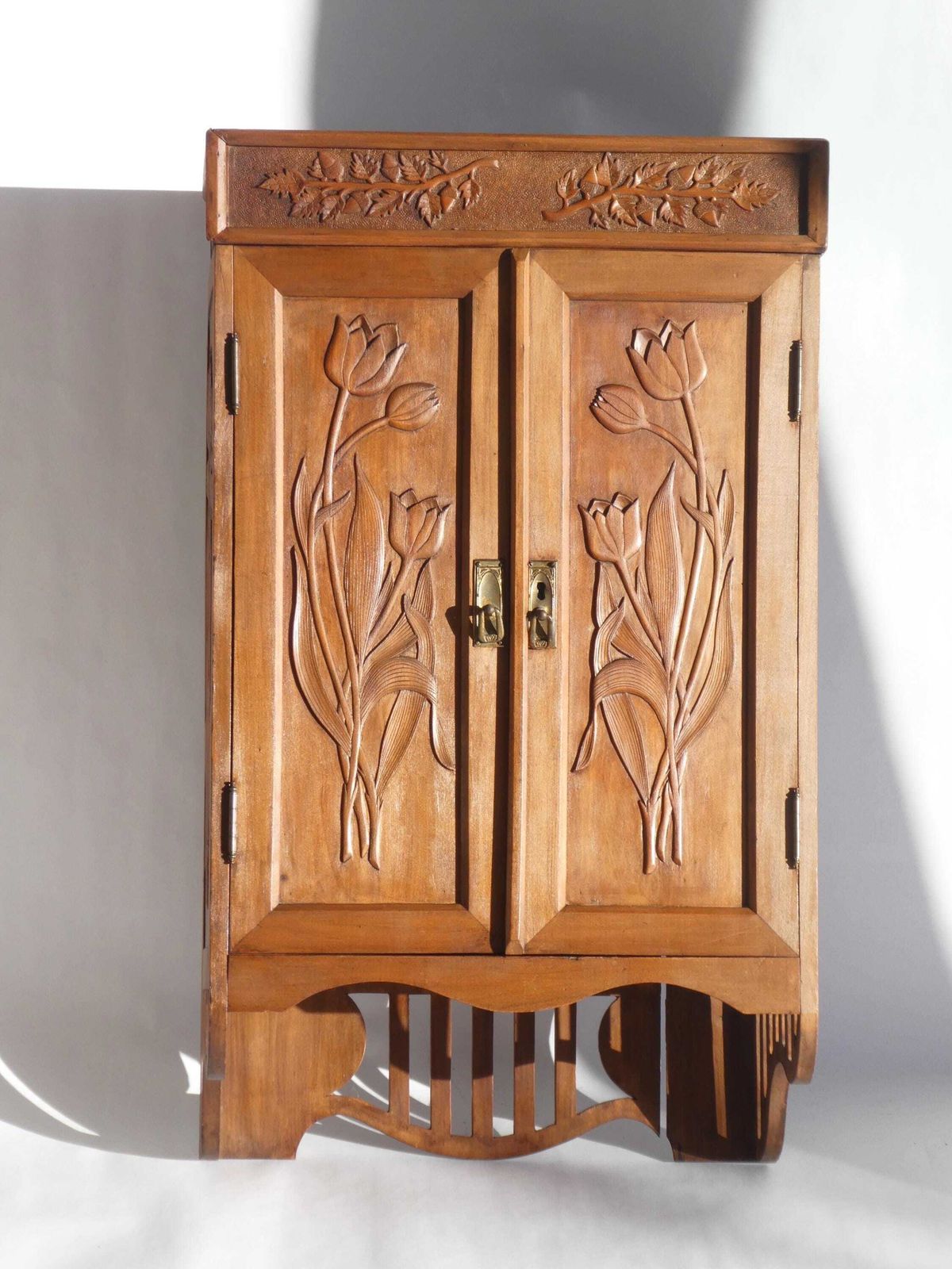 Antique Art Nouveau Carved Cabinet With Floral Details, Wooden Wall Chest, Medicine Cabinet, Apothecary With Tulips photo for sale