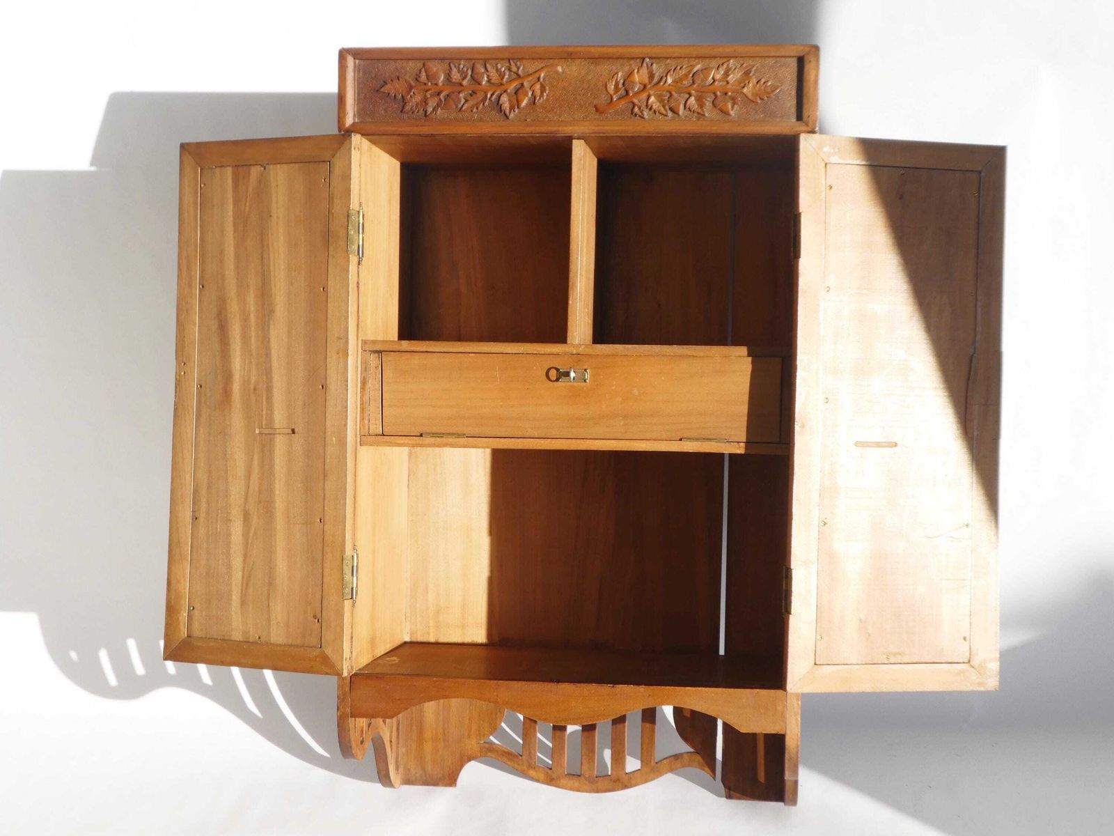 photo for sale Antique Art Nouveau Carved Cabinet With Floral Details, Wooden Wall Chest, Medicine Cabinet, Apothecary With Tulips
