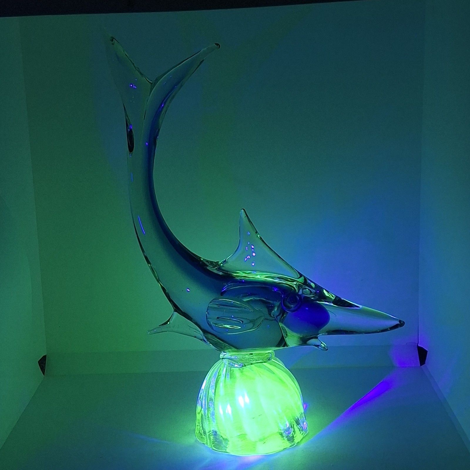 Murano Uranium Glass Marlin Fish Blue Green Large Vintage Venetian Italian photo for sale