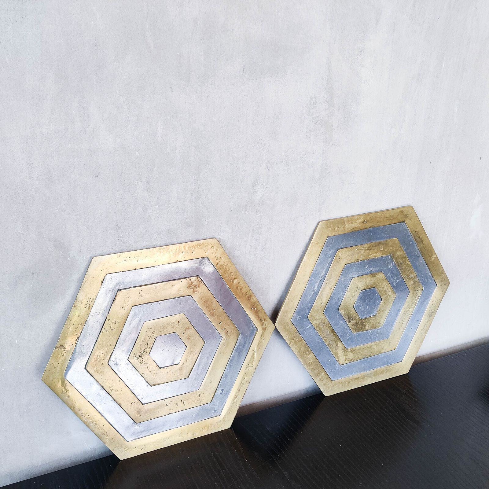Pair Of David Marshall Brutalist 1980s Large Hand Cast Brass And Aluminium Large Trivets/Trays photo Home Decor