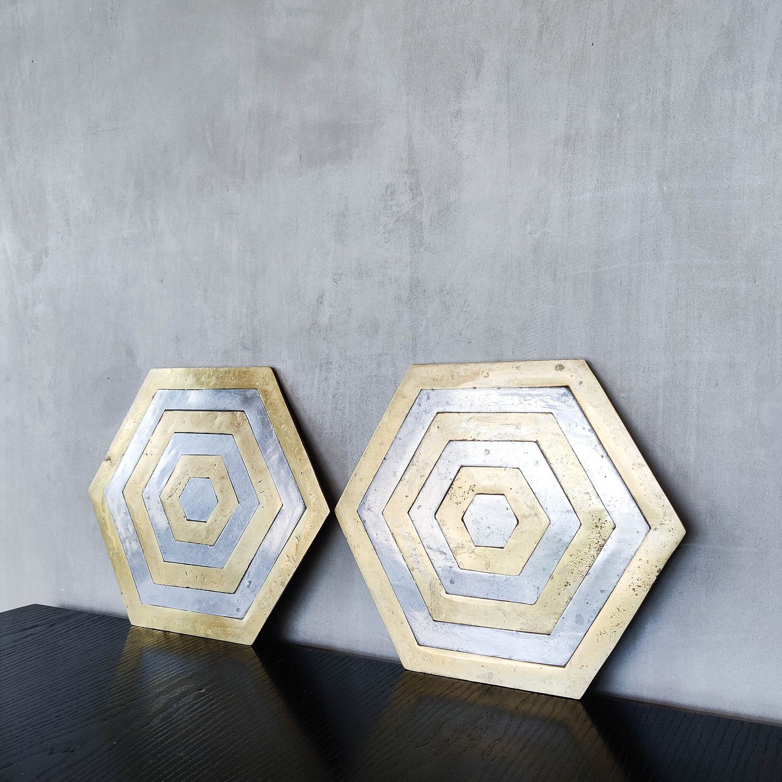 Pair Of David Marshall Brutalist 1980s Large Hand Cast Brass And Aluminium Large Trivets/Trays photo vintage
