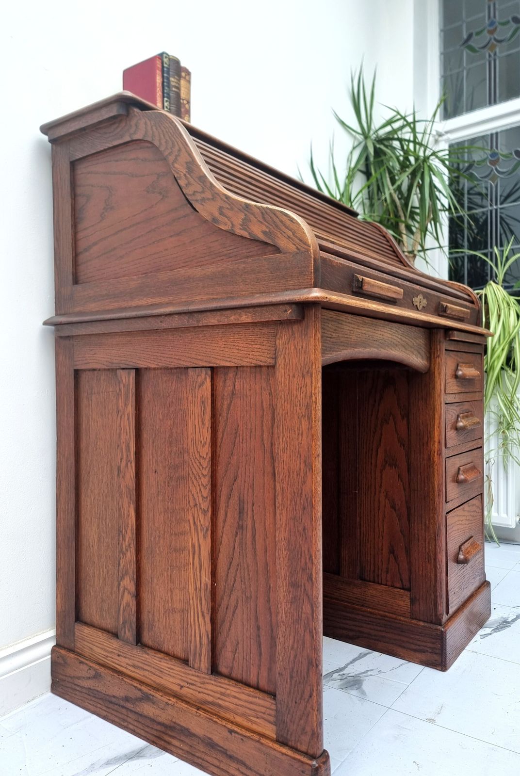 Oak Roll Top Tambour Pedestal Desk Bureau Harris Lebus Freestanding Panelled All Sides photo for sale