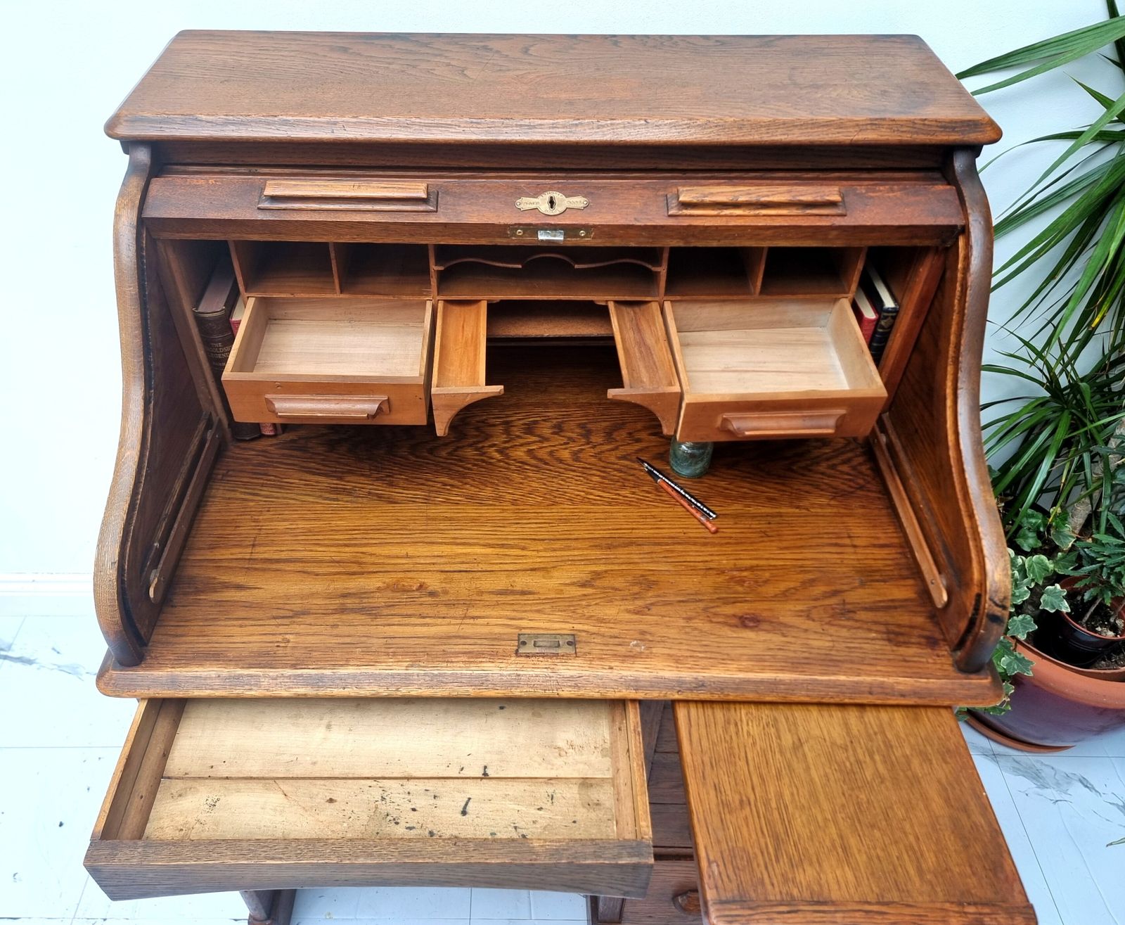 photo for sale Oak Roll Top Tambour Pedestal Desk Bureau Harris Lebus Freestanding Panelled All Sides