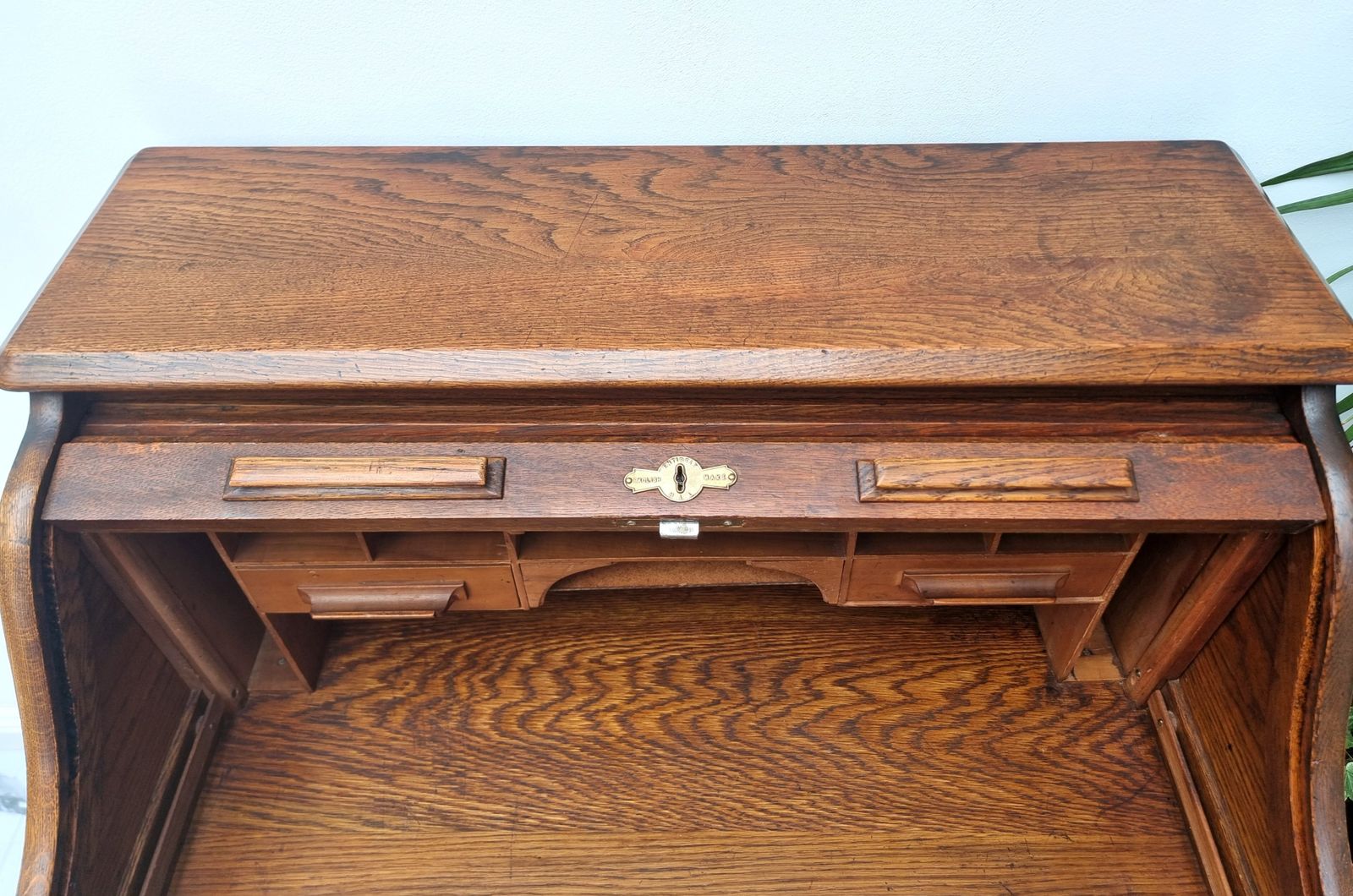 photo vinterior Oak Roll Top Tambour Pedestal Desk Bureau Harris Lebus Freestanding Panelled All Sides