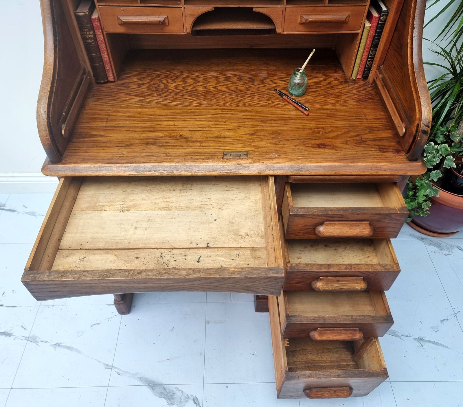photo buy Oak Roll Top Tambour Pedestal Desk Bureau Harris Lebus Freestanding Panelled All Sides