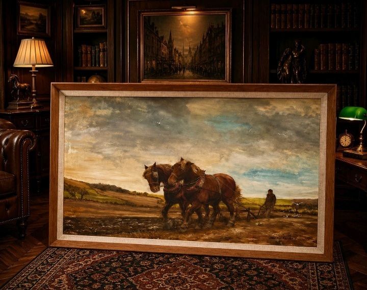 Massive Signed Oil Painting Working Horses Farm Scene J.E.R Godderidge