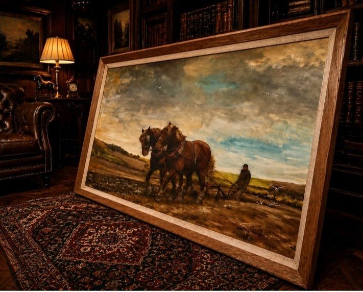 Massive Signed Oil Painting Working Horses Farm Scene J.E.R Godderidge photo for sale