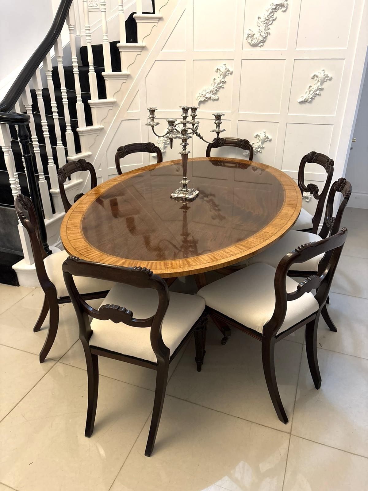Antique Figured Mahogany Oval Dining Table Satinwood Crossbanded 8 Seater photo vintage