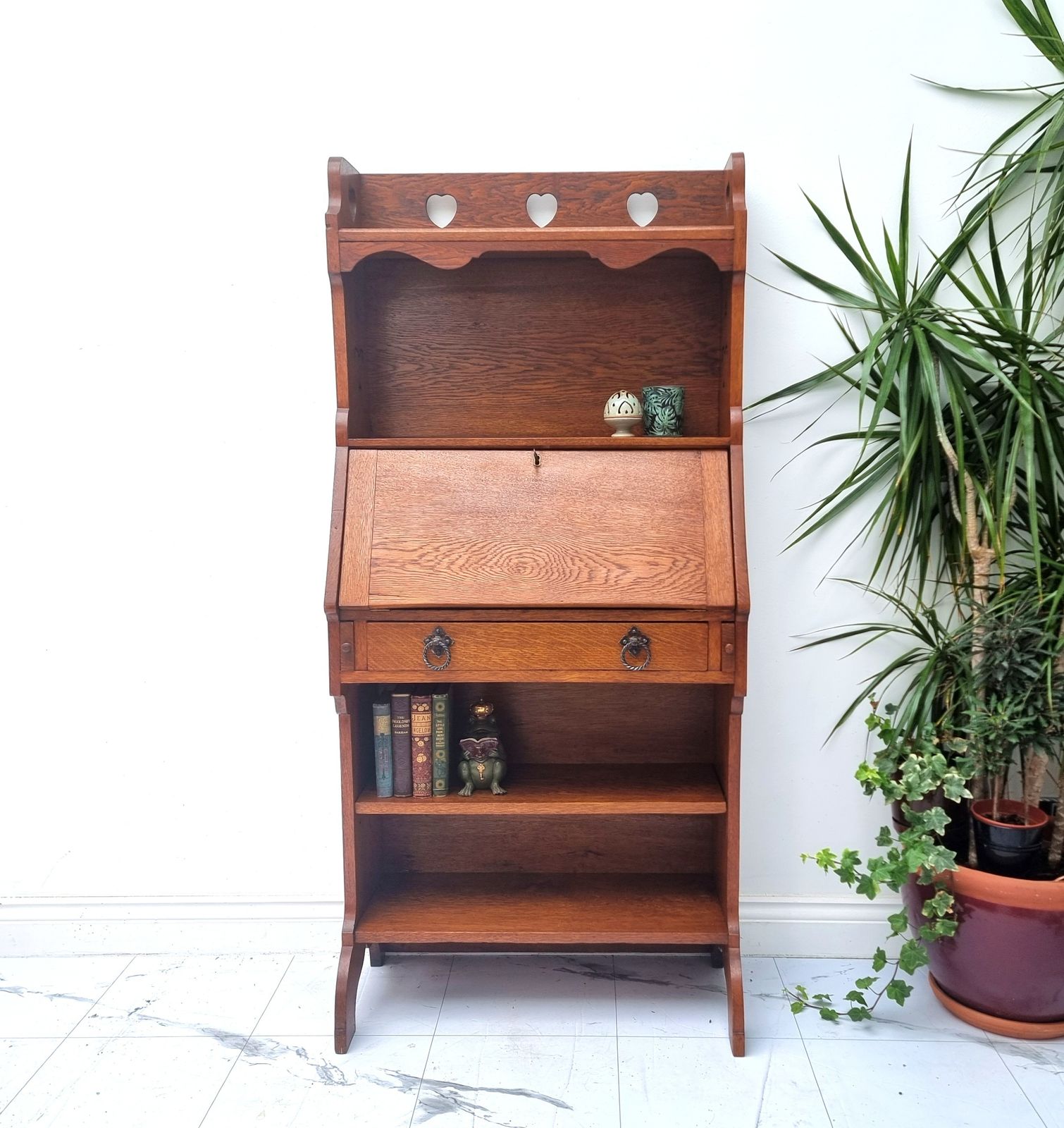 Arts & Crafts Oak Bureau Tall Bookcase Secretaire Writing Desk