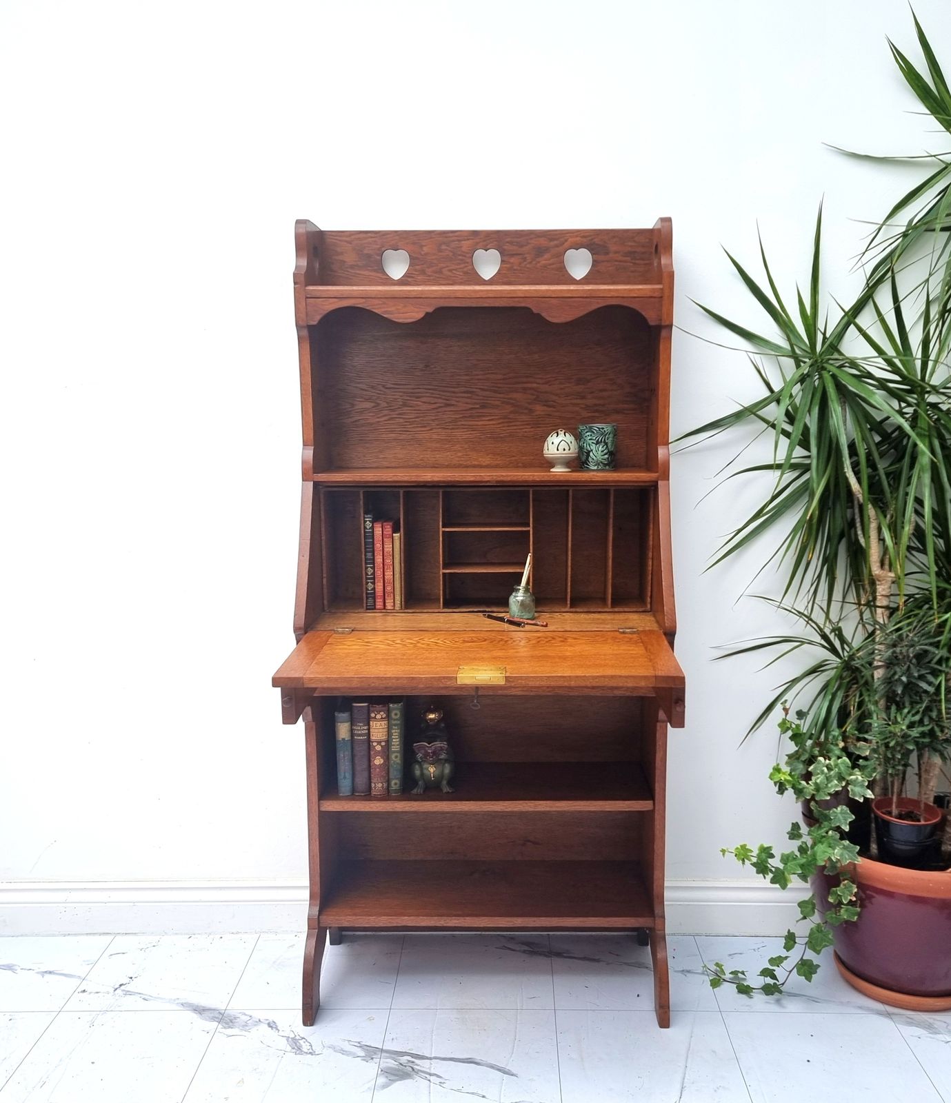 Arts & Crafts Oak Bureau Tall Bookcase Secretaire Writing Desk photo for sale