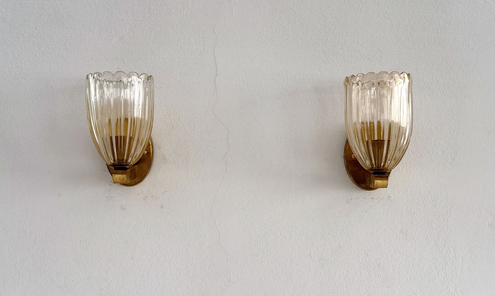 photo for sale Italian Brass And Murano Glass Wall Lights Or Sconces In Art Deco Style, 1990s