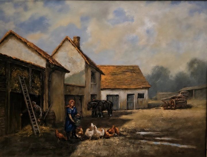 Stunning Signed Original Farmyard Oil Painting Rustic Country Scene Framed Art photo furniture