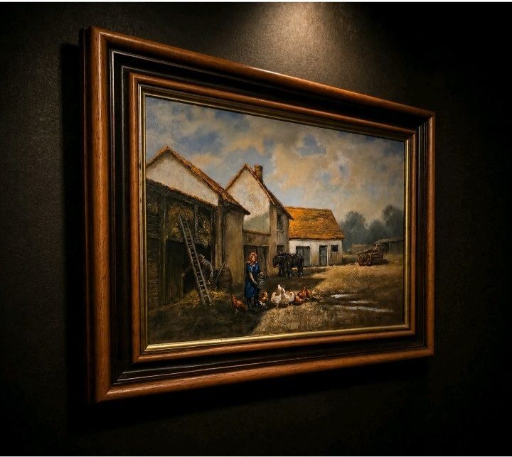 Stunning Signed Original Farmyard Oil Painting Rustic Country Scene Framed Art photo for sale