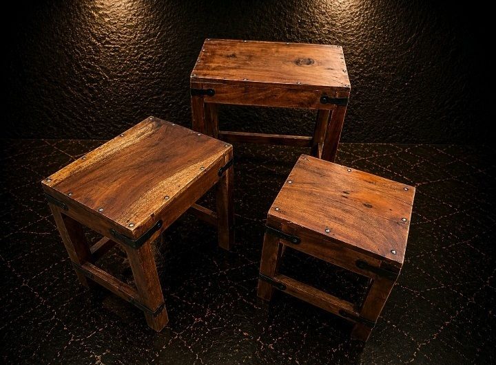 Handmade Solid Wood Nest Of 3 Tables Industrial Side End Lamp Table Set photo 244.99