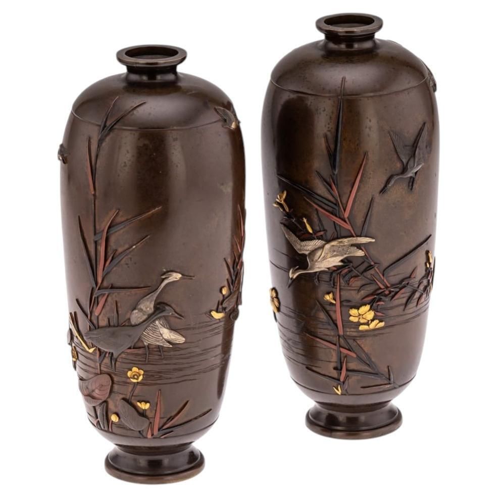 Antique 19thc Japanese Meiji Period Pair Of Inlaid Bronze Ovoid Vases By Miyabe