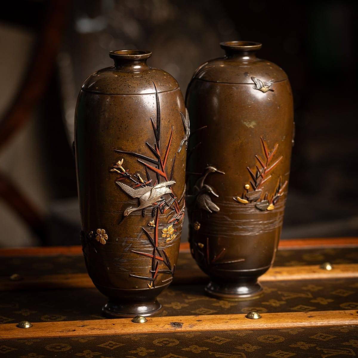 Antique 19thc Japanese Meiji Period Pair Of Inlaid Bronze Ovoid Vases By Miyabe photo furniture
