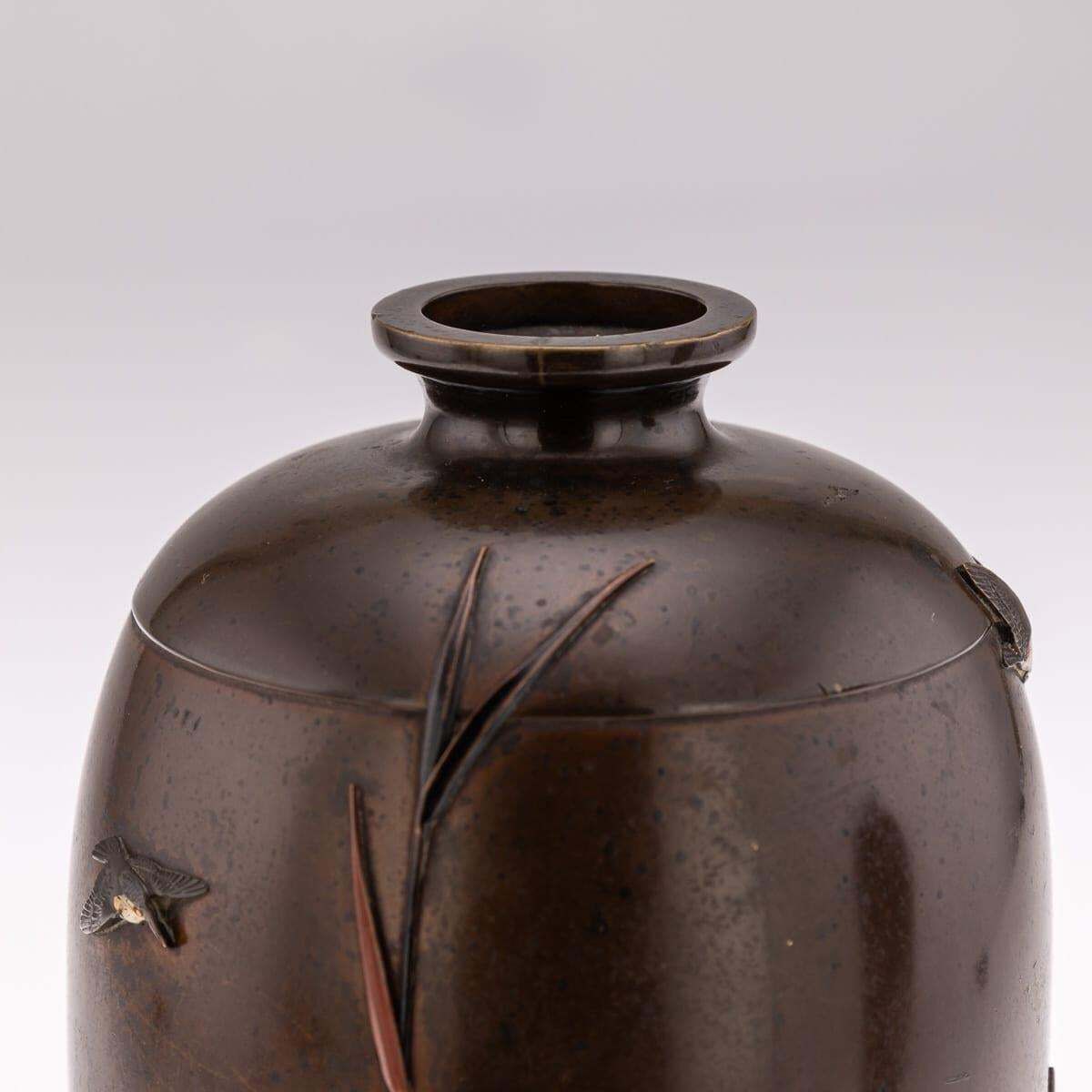 photo for sale Antique 19thc Japanese Meiji Period Pair Of Inlaid Bronze Ovoid Vases By Miyabe