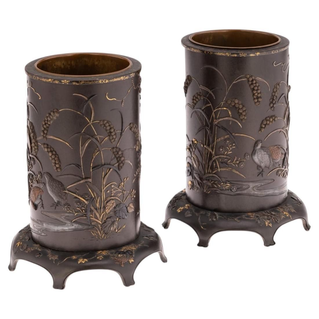 Antique 19thc Japanese Meiji Period Pair Of Inlaid Bronze Cylindrical Brushpots