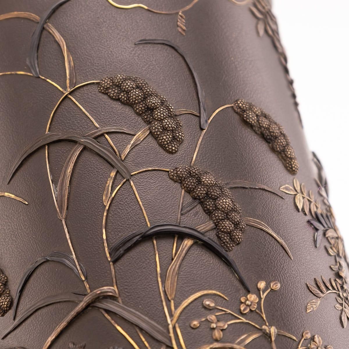 photo vinterior Antique 19thc Japanese Meiji Period Pair Of Inlaid Bronze Cylindrical Brushpots
