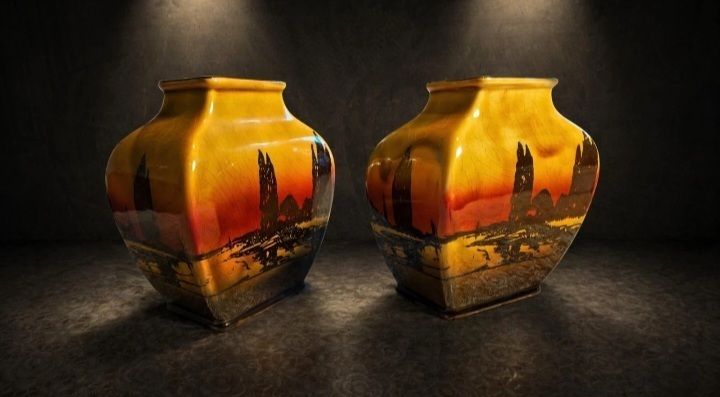 Stunning Pair Royal Doulton Vases Sunset Landscape Art Deco England Rare photo furniture