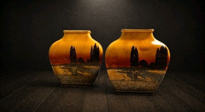 Stunning Pair Royal Doulton Vases Sunset Landscape Art Deco England Rare photo for sale