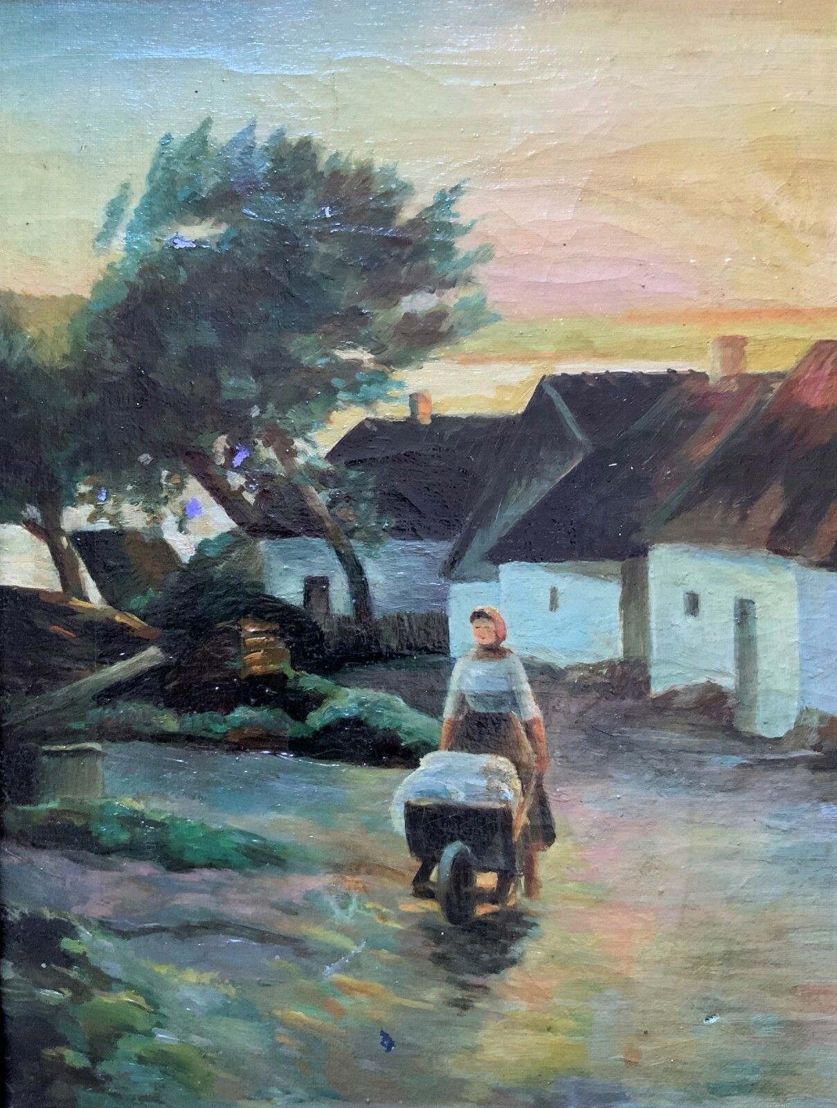 Unusual Original Signed Mid 20thc Oil On Canvas Village Painting photo 299.0