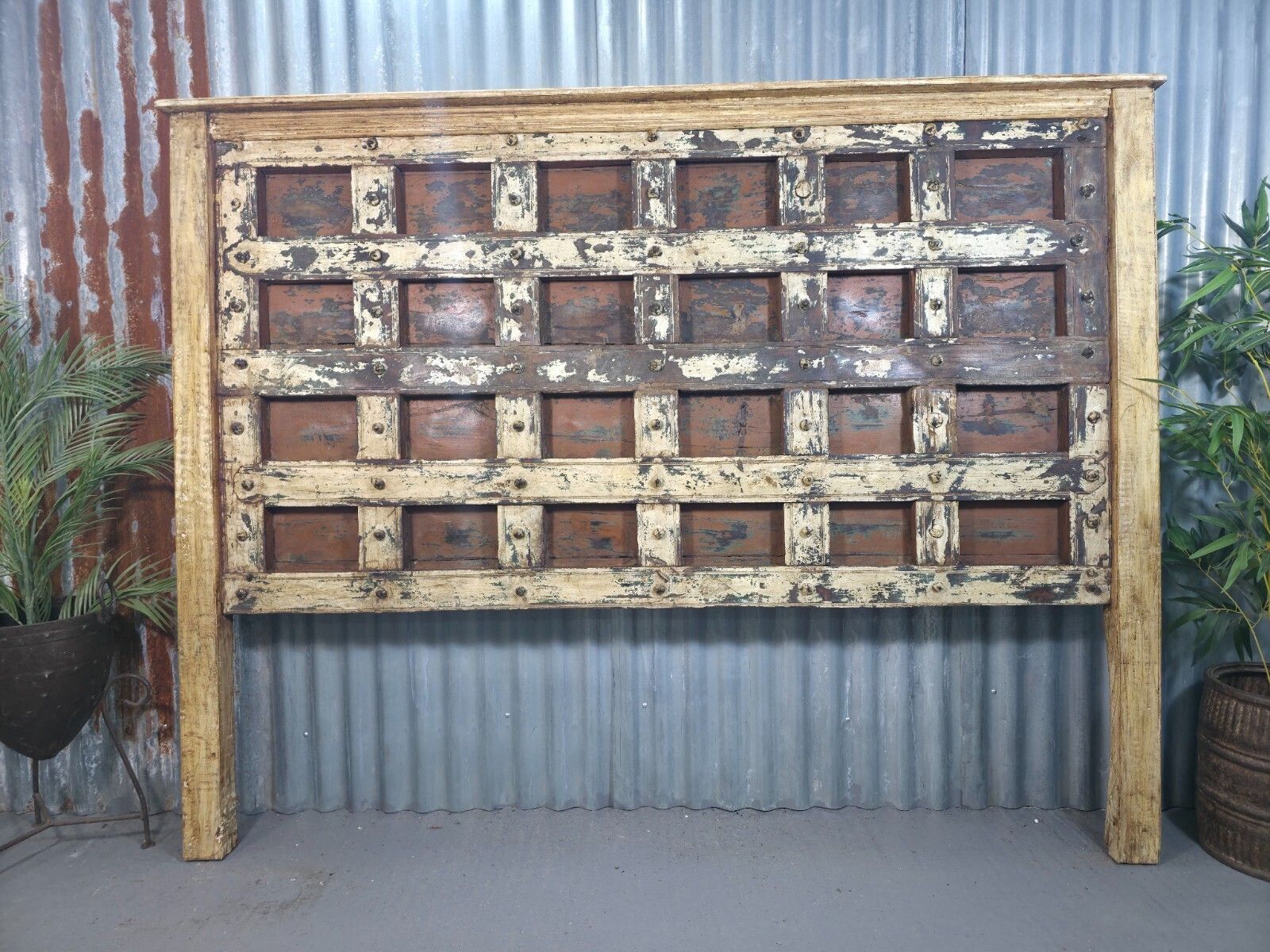Antique Vintage Rustic Reclaimed Indian Wooden King Size Double Bed Headboard