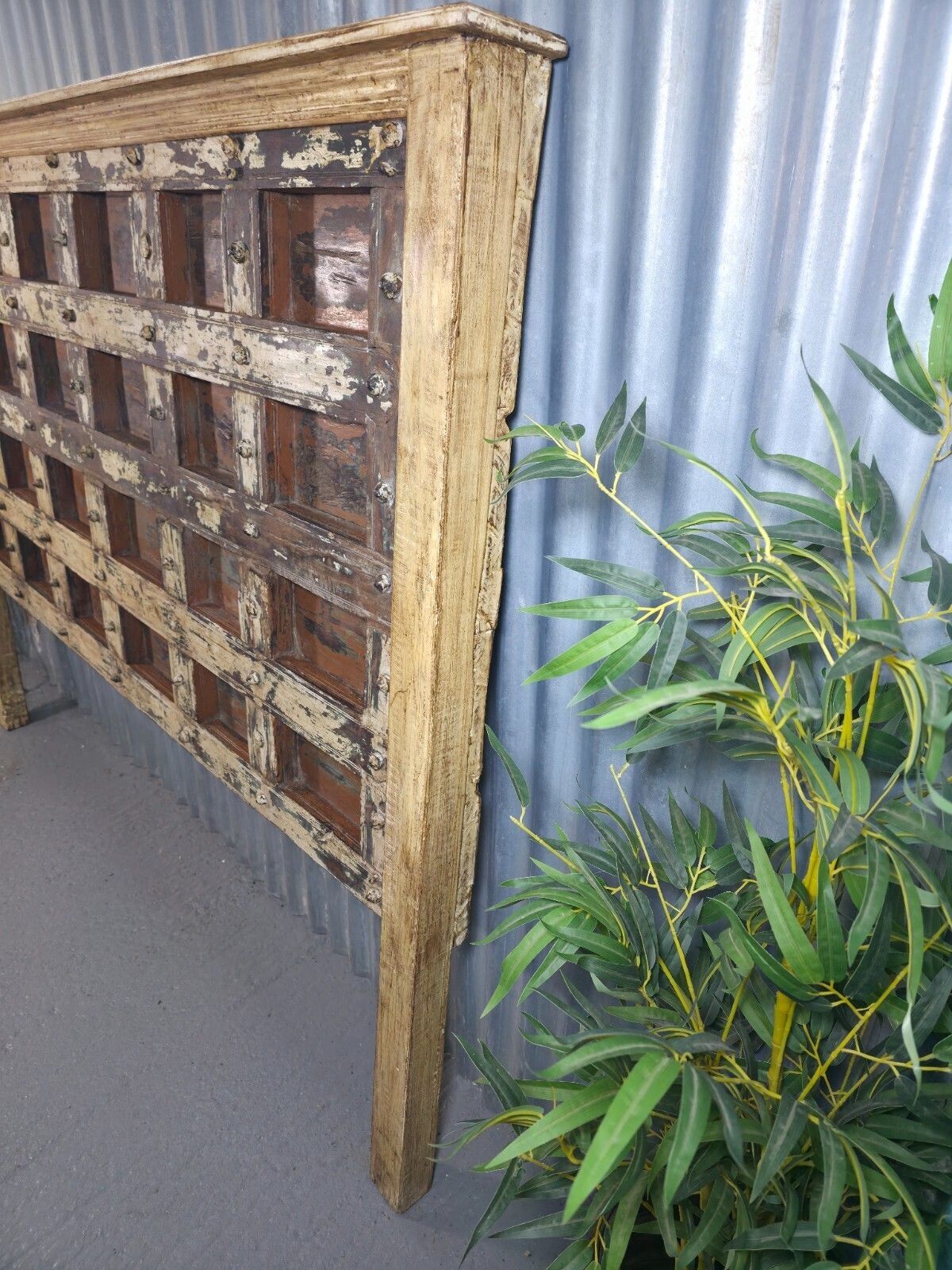 Antique Vintage Rustic Reclaimed Indian Wooden King Size Double Bed Headboard photo vinterior