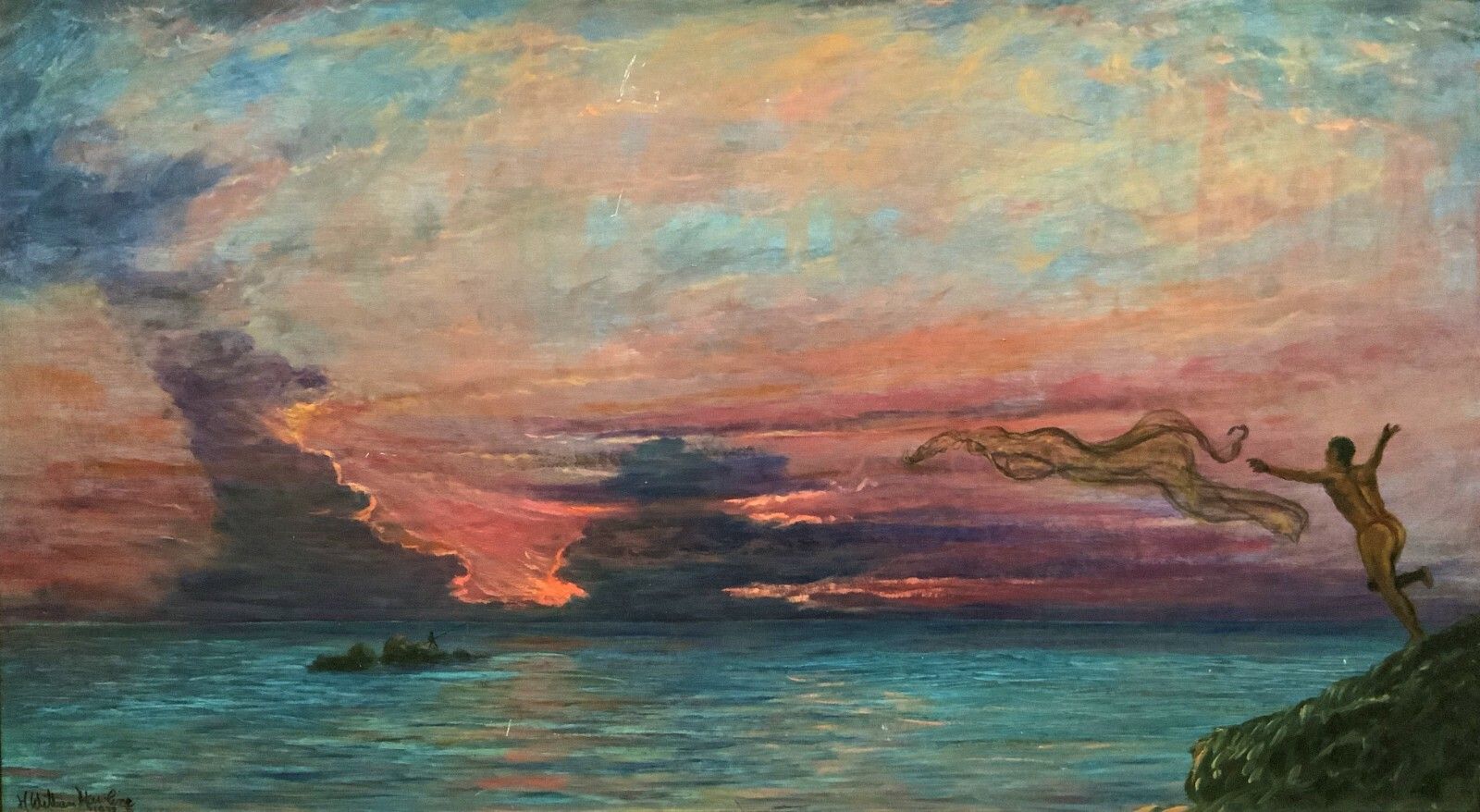 'The Last Throw' Original Signed 1972 Vintage Seascape Oil On Board Painting photo furniture