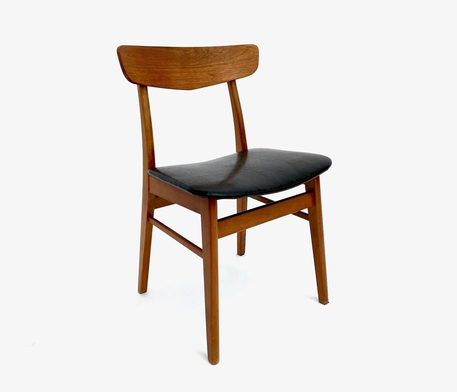photo vintage Danish Farstrup Set Of 6 Teak & Beech Black Vinyl Dining Chairs Mid Century 1960s
