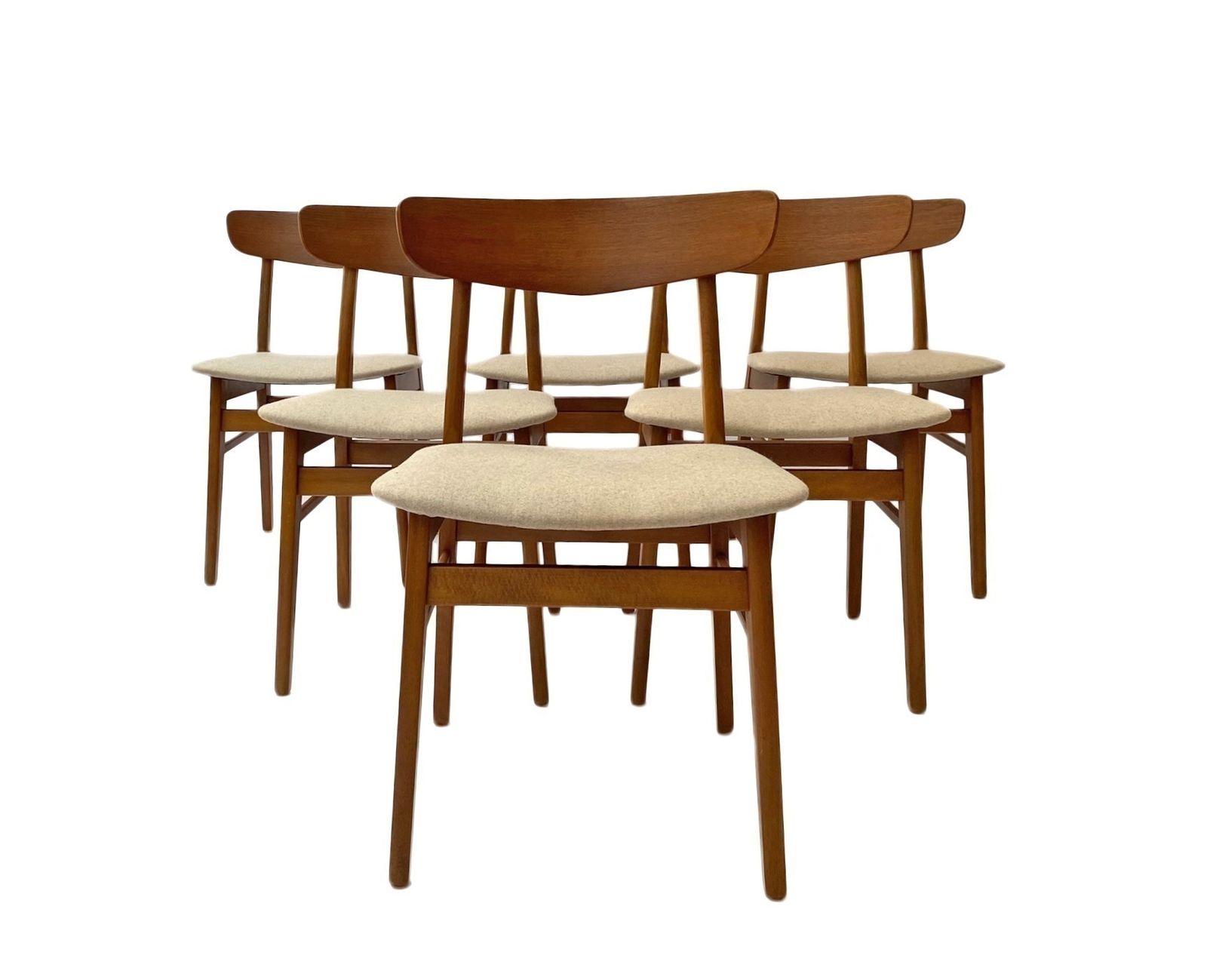 Danish Farstrup Set Of 6 Teak And Beech Cream Wool Dining Chairs Mid Century 1960s