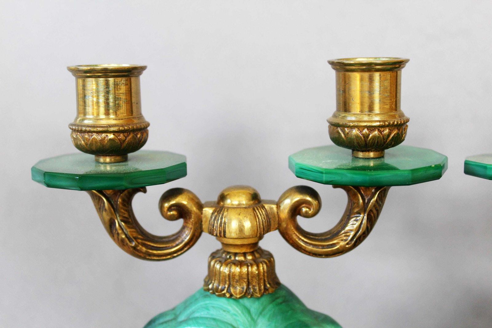 photo furniture Vintage Pair Of 1930s Czechoslovakian Art Deco Candelabra, Malachite Glass And Brass Fixture, Style Curt Schlevoght, Embossed Flying Bird