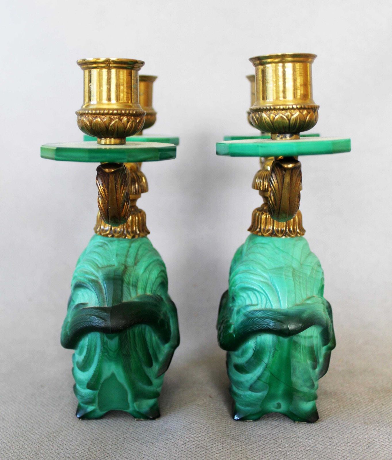 photo buy Vintage Pair Of 1930s Czechoslovakian Art Deco Candelabra, Malachite Glass And Brass Fixture, Style Curt Schlevoght, Embossed Flying Bird