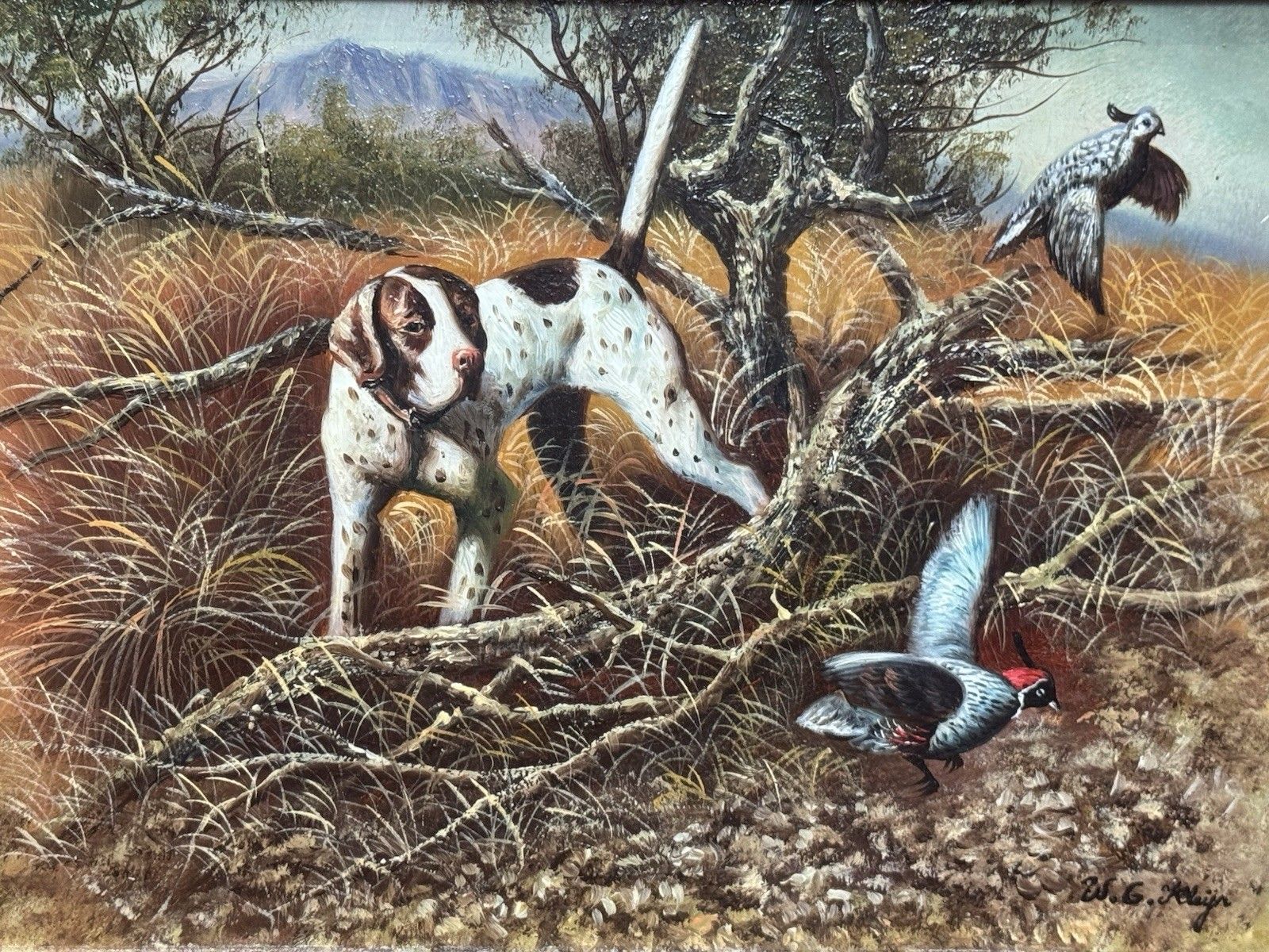 Country Landscape Pointer Hunting Dog Stalking Pheasants Oil Painting W G Keeyn photo for sale