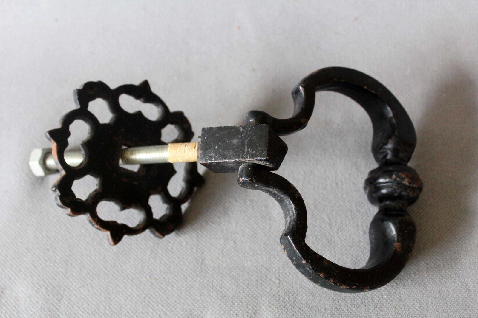 60.0 Large And Heavy Cast Iron Door Pull With Two Backplates, Gothic Style, External Door Knocker, Hardware Restoration, Entrance Rustic Country photo