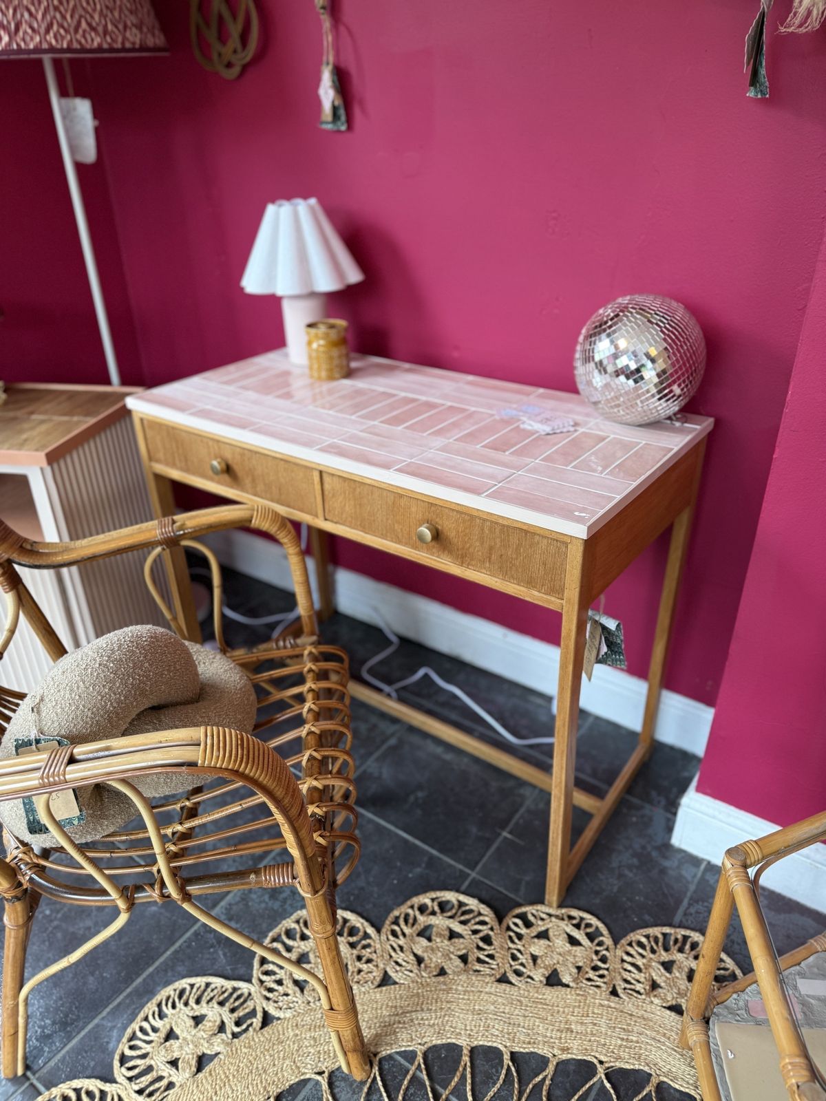 Mid Century Herbert E. Gibbs Desk With Hand Tiled Pink Metro Top — One Of One photo for sale
