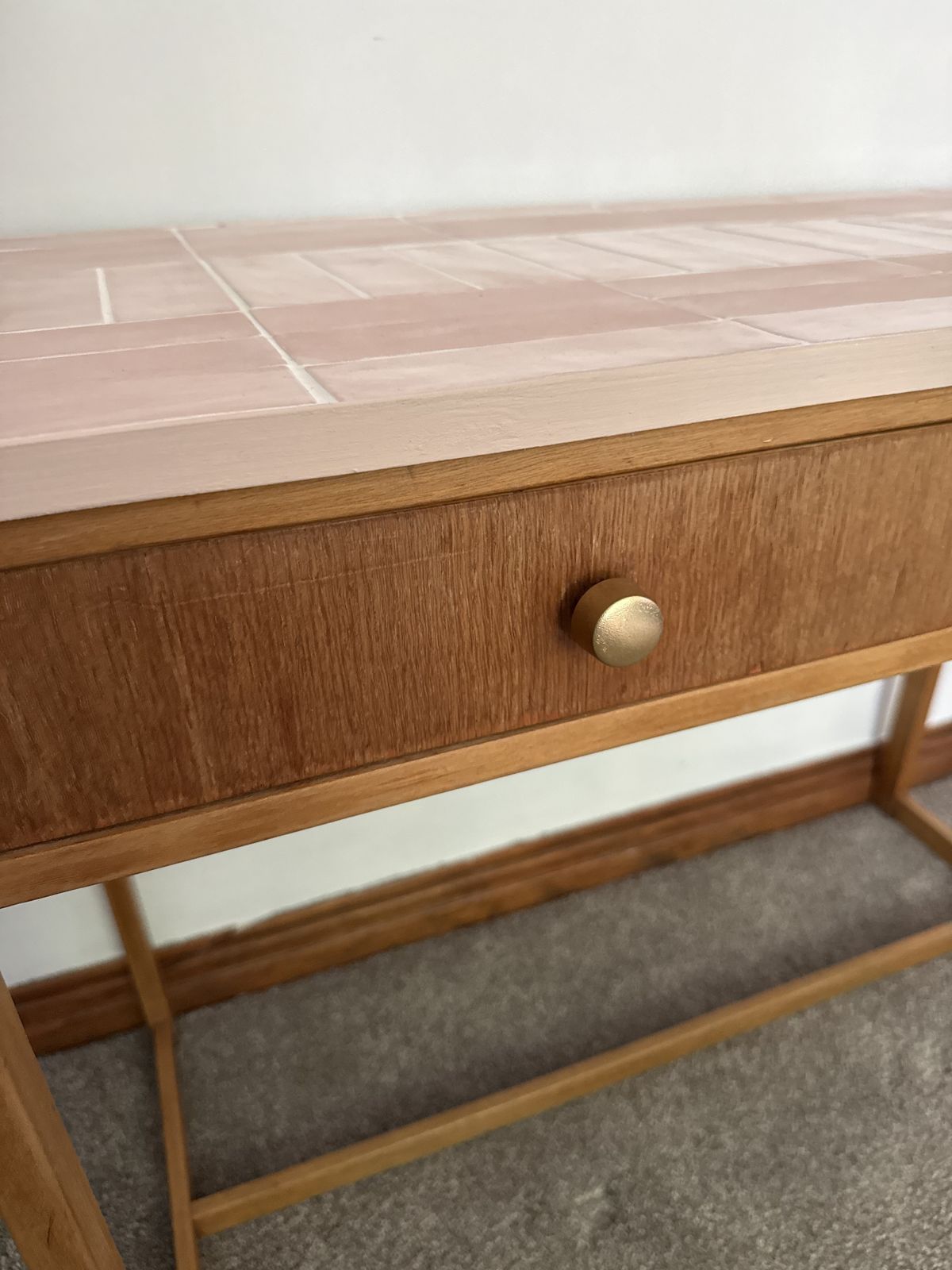 photo buy Mid Century Herbert E. Gibbs Desk With Hand Tiled Pink Metro Top — One Of One