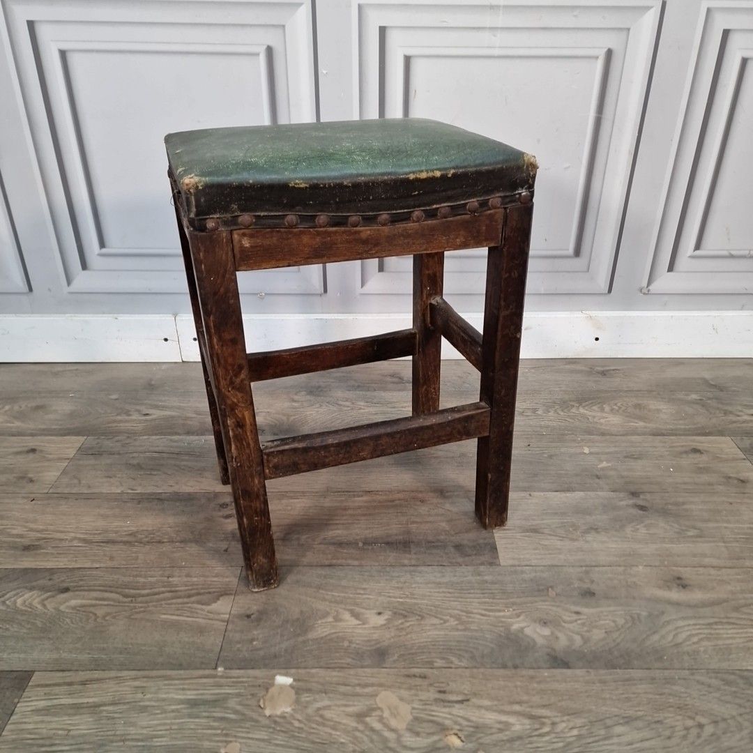 Antique Wooden Upholstered Stool Rustic Seat Side Dressing Piano Vintage photo furniture