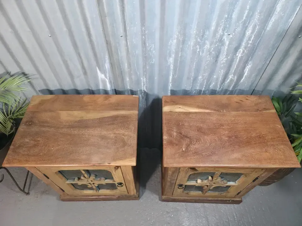 Vintage Reclaimed Pair Solid Wooden Indian Carved Bedside Cupboards Cabinets photo Furniture