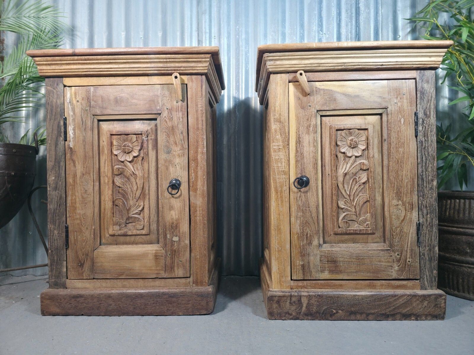 Vintage Reclaimed Pair Wooden Indian Carved Bedside Tables Cupboards Cabinets photo furniture