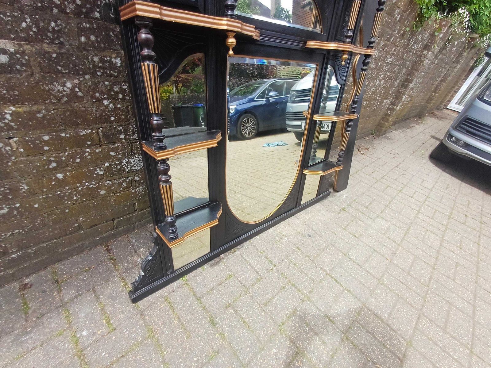 Massive Victorian Over Mantel Mirror Black Gold Painted Mahogany Walnut Shelved Antique Mirror 1890s Statement Piece Free Hand Delivery photo furniture